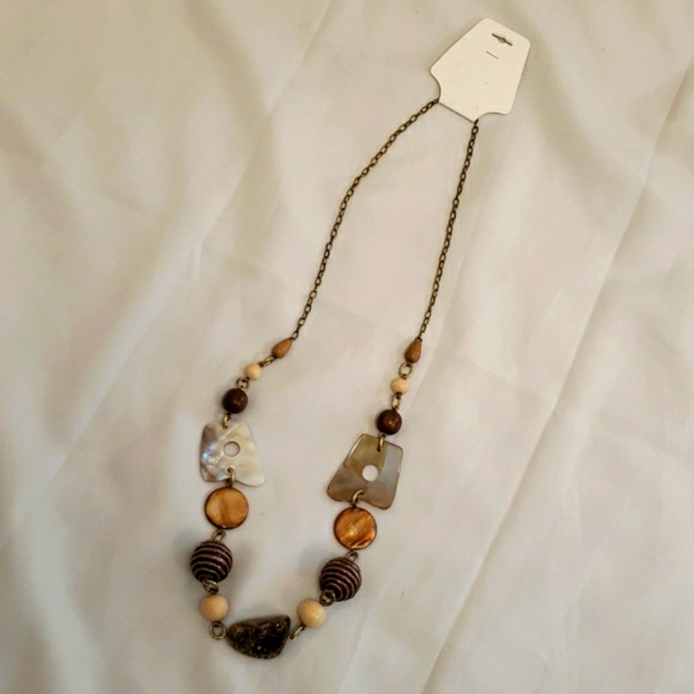 Mixed Media Necklace Boho Shabby Chic Funky Shell Gold Brown NWT